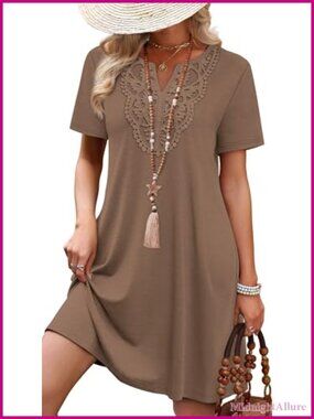 Lace V-Neck T-Shirt Dress Casual Midi A-Line Short Sleeve Wedding Guest Summer